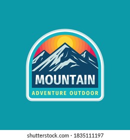 Mountain adventure outdoor badge design. Extreme traveling expedition logo in flat vintage style. Hiking climbing sport training. Vector illustration. 