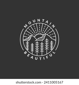 Mountain adventure outdoor badge vector illustration with monoline or line art style, design can be for t shirts, sticker, printing needs