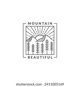Mountain adventure outdoor badge vector illustration with monoline or line art style, design can be for t shirts, sticker, printing needs