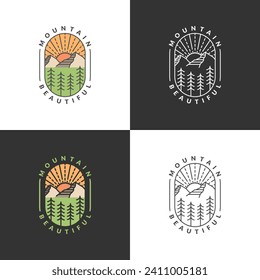 Mountain adventure outdoor badge vector illustration with monoline or line art style, design can be for t shirts, sticker, printing needs