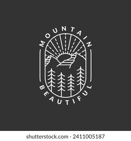 Mountain adventure outdoor badge vector illustration with monoline or line art style, design can be for t shirts, sticker, printing needs