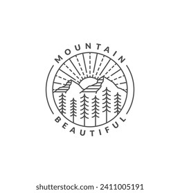 Mountain adventure outdoor badge vector illustration with monoline or line art style, design can be for t shirts, sticker, printing needs
