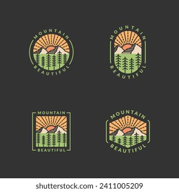 Mountain adventure outdoor badge vector illustration with monoline or line art style, design can be for t shirts, sticker, printing needs