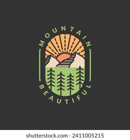 Mountain adventure outdoor badge vector illustration with monoline or line art style, design can be for t shirts, sticker, printing needs