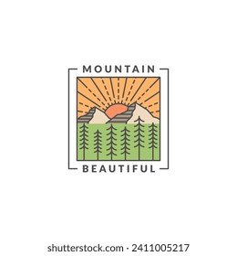 Mountain adventure outdoor badge vector illustration with monoline or line art style, design can be for t shirts, sticker, printing needs