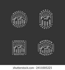 Aventura de montaña vectorial al aire libre ilustración con estilo de arte monolíneo o de línea, el diseño puede ser para camisetas, pegatinas, necesidades de impresión
