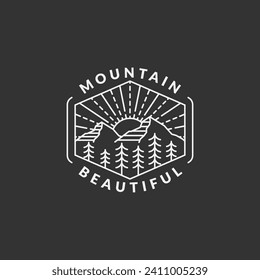 Aventura de montaña vectorial al aire libre ilustración con estilo de arte monolíneo o de línea, el diseño puede ser para camisetas, pegatinas, necesidades de impresión