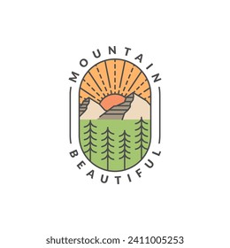 Mountain adventure outdoor badge vector illustration with monoline or line art style, design can be for t shirts, sticker, printing needs