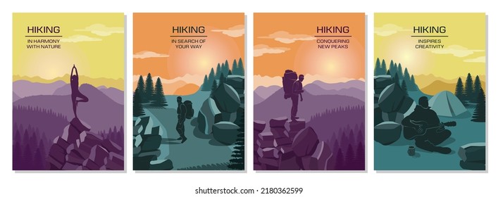 Mountain adventure posters. Hiking tourism. Scenic sky. Sport walk in forest nature. Rock panorama. Trekking landscape. Camping and meditation at cliff peak. Vector backgrounds set