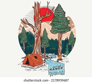 Mountain adventure print design for t shirt and others. Wild camp graphic artwork for sticker, poster, background. River artwork.