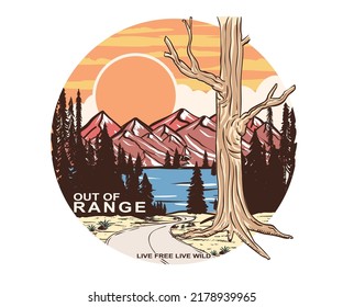 Mountain adventure print design for t shirt and others. Wild camp graphic artwork for sticker, poster, background. Out of range artwork.