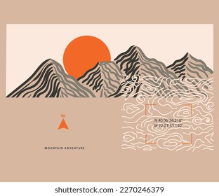 Mountain adventure print design for t shirt and others. Wooden texture graphic artwork for sticker, poster, background.	