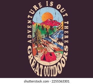 Mountain adventure retro print design for t shirt and others. National park graphic artwork for sticker, poster, background. Great outdoors.