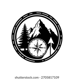Emblema redondo de aventura de montaña con brújula y pino. Senderismo al aire libre y Ilustración vectorial de la insignia de viaje de camping. Símbolo de exploración del desierto.