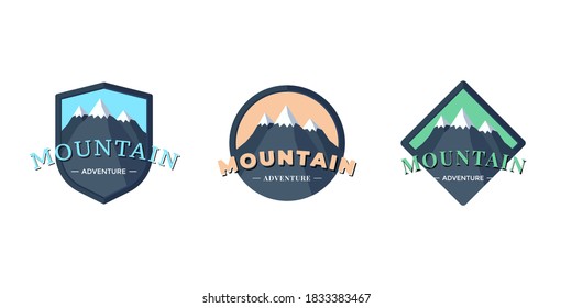 Mountain Adventure shield logo badge for extreme tourism and sport hiking. Outdoor nature rock camping square and circle label set vector eps illustration