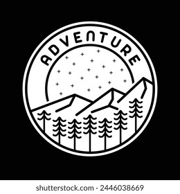 Emblema del logotipo de Monoline en blanco y negro simple de Mountain Adventure