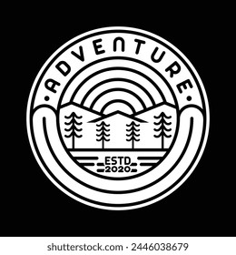 Emblema del logotipo de Monoline en blanco y negro simple de Mountain Adventure