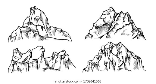 Mountain adventure sketch, environment and alpine scenery. Outdoor peak landscape. Vector line art mountain illustration on white background