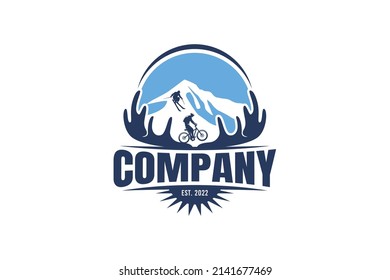 mountain adventure and sports logo with a combination of deer horn, mountain, mountain bike, skiing, and sky.