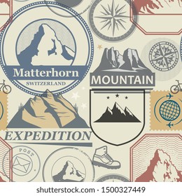 Mountain adventure stamps or symbols set abstract theme seamless pattern, vector illustration