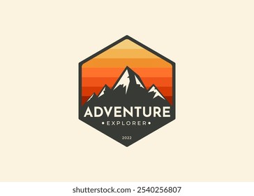 Mountain Adventure travel emblems badge vector. Camping outdoor adventure emblems, badges and logo patches. Mountain tourism, hiking. Outdoor mountains Summer Camp badges