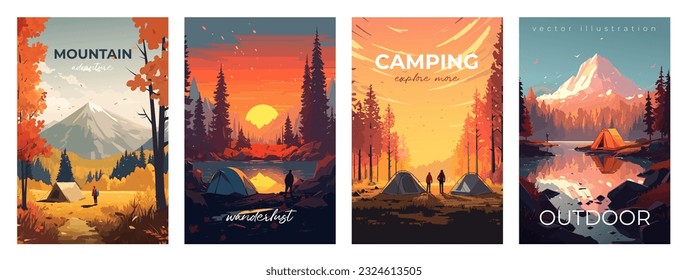 Mountain adventure and travel, flat colors vertical poster. Camping and hiking. Vector illustration