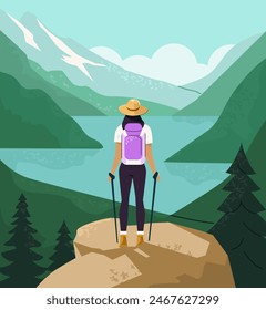 Mountain adventure, travel and tour. Poster with woman hiker standing at the top of the mountains. Outdoor activity concept. Vector illustration.