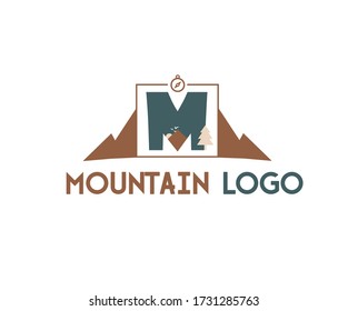 Mountain, adventure and trekking theme based colorful vector logo with dummy text on white background. Letter 'M' is incorporated in logo.