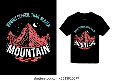 Diseño de camiseta de aventura de montaña. Este diseño presenta un majestuoso pico de montaña bajo un cielo nocturno estrellado. La atrevida tipografía y los vibrantes colores capturan el espíritu de aventura y exploración.