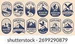 Mountain adventure vector badge set – hiking, camping, and wilderness exploration typography illustrations