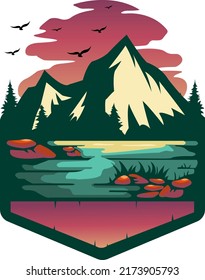 Mountain adventure vector logo badge. Outdoor mountain view logo vector illustration.