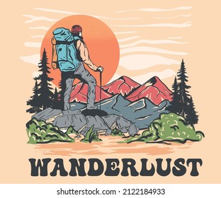 Mountain adventure vector print design for t shirt, sticker and others. Wild tree with people colorful artwork design.