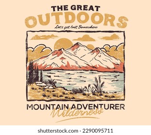 Mountain adventure vintage artwork. great outdoors. Explore more print design. Outdoor at the mountain retro print design for t shirt and others. Camping beside of lake graphic artwork. 