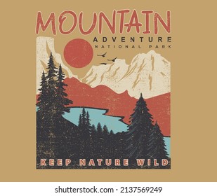 Mountain adventure vintage print design for t shirt. Wild lake vector artwork design.