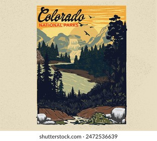 Mountain adventure vintage print design for t shirt. Wild lake vector artwork design. Explore more. Colorado national park artwork. 