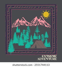 Mountain adventure vintage print design for t shirt and others. National park graphic artwork for sticker, poster, background. Life is great. Snow wild vector.