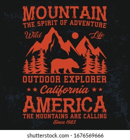 Mountain adventure vintage typography vector design for t-shirt and poster. California mountain grunge vector. Outdoor trip in America. Bear and tree. Good for label, emblem.