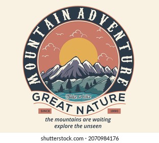 Mountain adventure vintage vector artwork for apparel, t shirt, prints, sticker,  posters and other uses. Great nature print design for men, women, girl and boy.