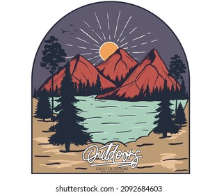 Mountain adventure with wild lake graphic print design. Wild outdoor artwork  for apparel, sticker, batch, background, poster and others.