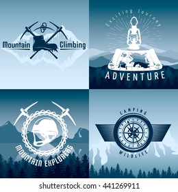 Mountain adventures compositions in blue white colors with climbing equipment on natural landscape background isolated vector illustration