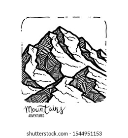 Mountain Adventures. Vector grunge hand drawn landscape. Sketch lined illustration