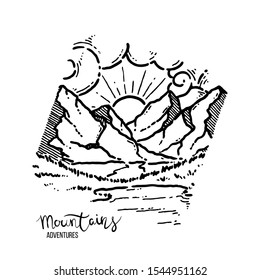 Mountain Adventures. Vector grunge hand drawn landscape. Sketch lined illustration