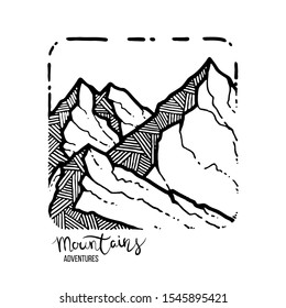Mountain Adventures. Vector grunge hand drawn landscape. Sketch lined illustration