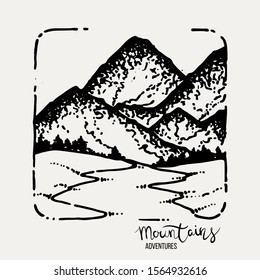 Mountain Adventures. Vector grunge hand drawn landscape. Sketch lined illustration