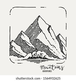 Mountain Adventures. Vector grunge hand drawn landscape. Sketch lined illustration