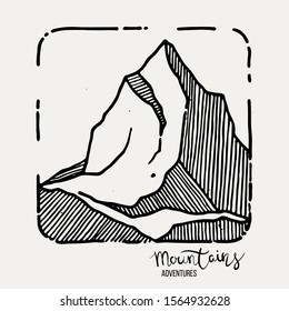 Mountain Adventures. Vector grunge hand drawn landscape. Sketch lined illustration
