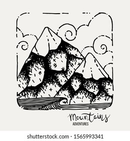 Mountain Adventures. Vector grunge hand drawn landscape. Sketch lined illustration
