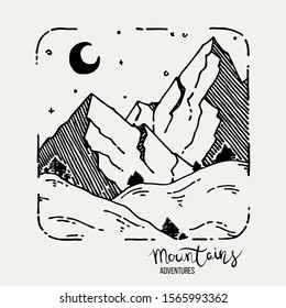 Mountain Adventures. Vector grunge hand drawn landscape. Sketch lined illustration