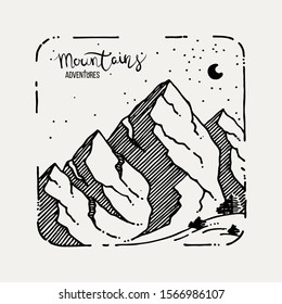 Mountain Adventures. Vector grunge hand drawn landscape. Sketch lined illustration