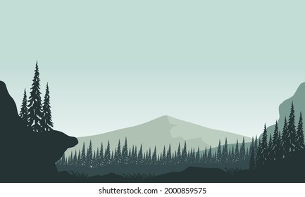 A mountain with an aesthetic silhouette of pine trees from the edge of the city at sunrise in the morning. Vector illustration of a city